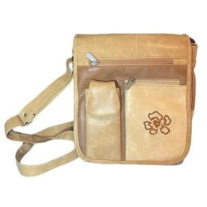 𝅺the Stone Soft Faux Leather 3 Tone Brown Cross Body Embroidered Flower Zip Bag